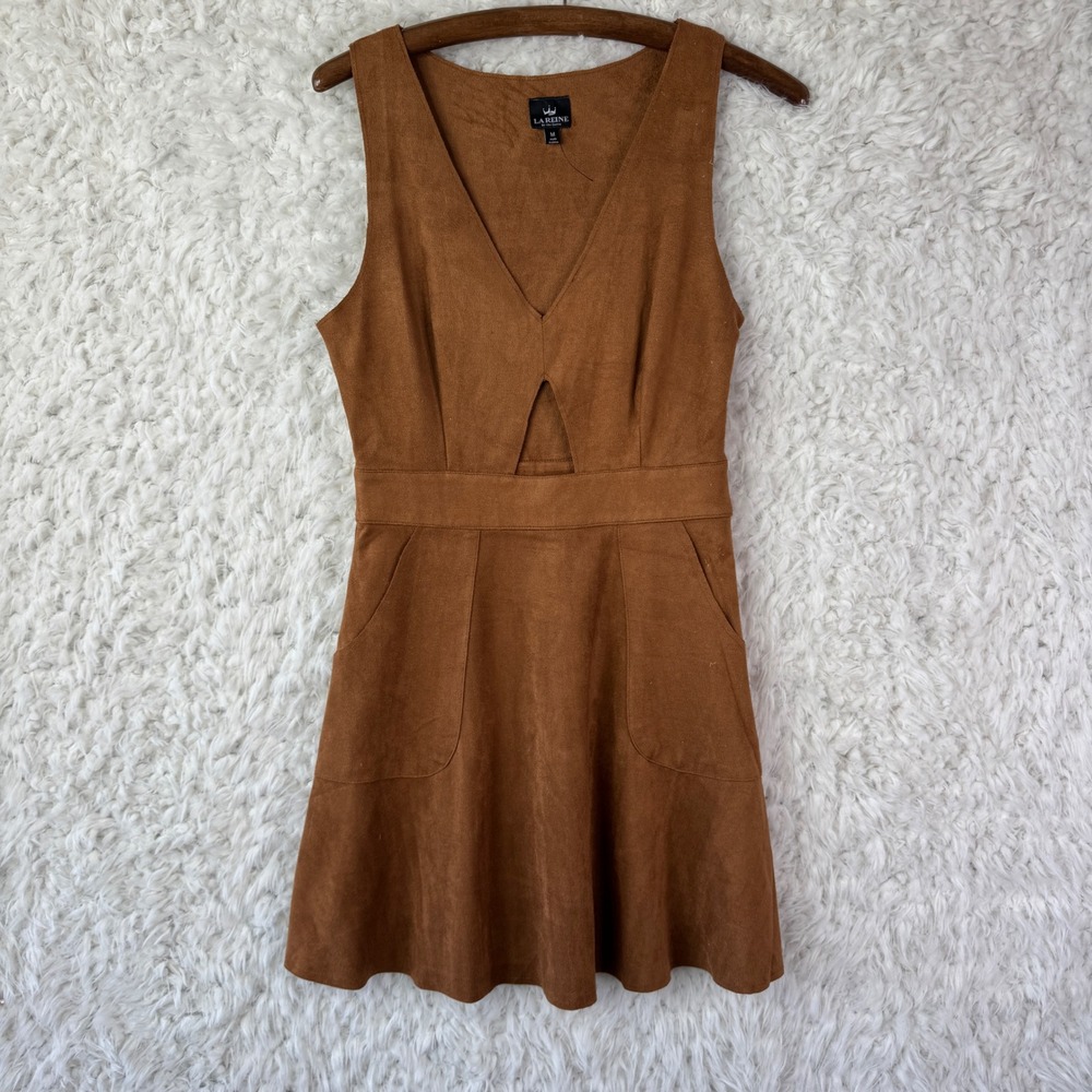 LA REINE‎ Brown Suede Look Sleeveless Mini Dress Cutout Waist Pockets Size M
